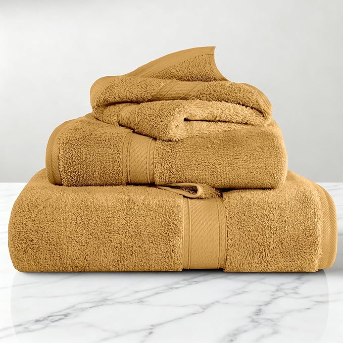 Superior Egyptian Cotton Pile 3-Piece Towel Set, Includes 1 Bath, 1 Hand, 1 Face Towel/Washcloth, Heavyweight, Ultra Soft Luxury Towels, Thick Plush Essentials, Guest Bath, Spa, Hotel Bathroom, Gold