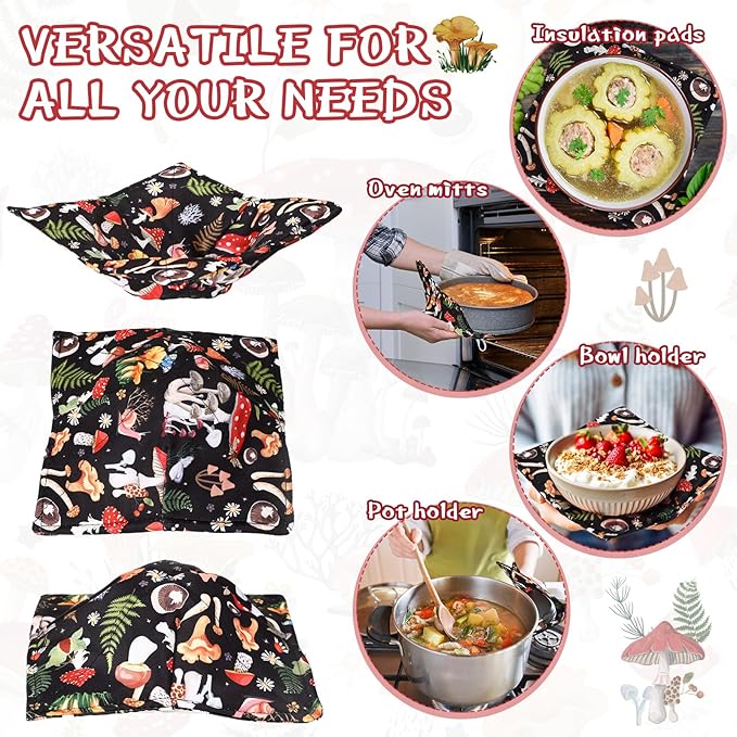 Cunhill 4 Pcs Cotton Microwave Bowl Cozy Holders for Hot Food Hot Pads Soup Bowl Potholders Heat Resistant Multipurpose Quilted Safe Holders for Kitchen Plate Supply(Black,Mushroom Style)