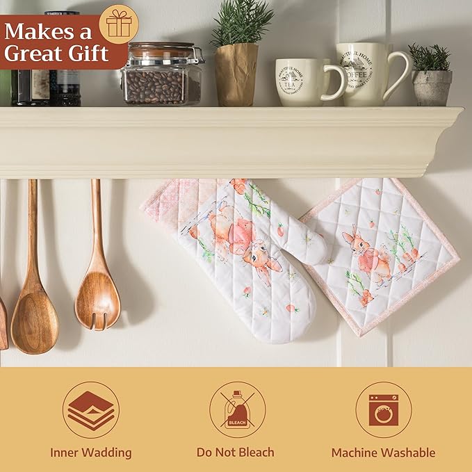 Maison d' Hermine 100% Cotton Oven Mitt & Pot Holder Set (7.5"x13" & 8"x8") Heat Resistant BBQ Cooking Gloves with Loop Baking Grilling Kitchen Gifts for Mothers Day Spring/Summer (Bunny Party)