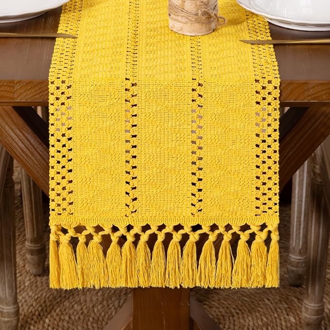 DeZerlor Boho Macrame Table Runner Spring Easter Farmhouse Woven Table Runner with Tassels 60 Inches Gold Yellow Cotton Linen Kitchen Table Decor for Dining Dresser Home Tea Table Decor