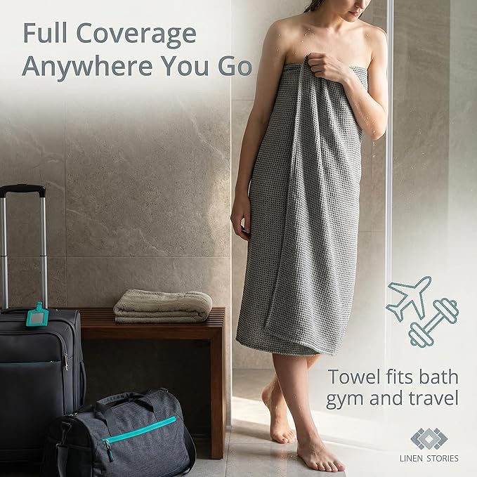 Pure 100% Linen Bath Towel - Quick Dry Towels for Travel Lightweight Waffle Towels for Bathroom 30 x 60-inch - Luxury Black-Natural Thin Hair Towel for Gym or Sauna - Sustainable Bath Sheet