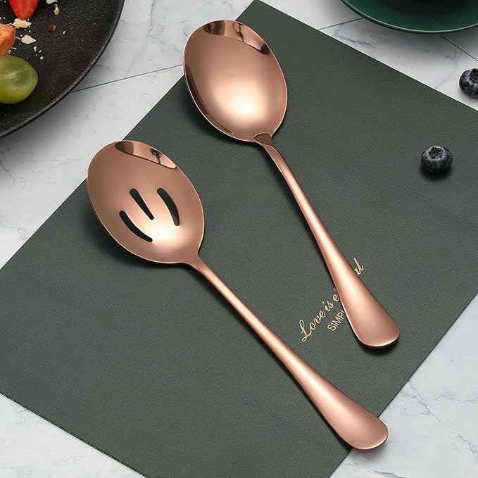 6 Pieces Serving Spoons Set, 8.7 Inch Serving Spoon, Includes 3 Serving Spoons and 3 Slotted Spoons, Stainless Steel Buffet Banquet Spoons, Large Spoons Utensils Cutlery Set for Kitchen, Rose Gold