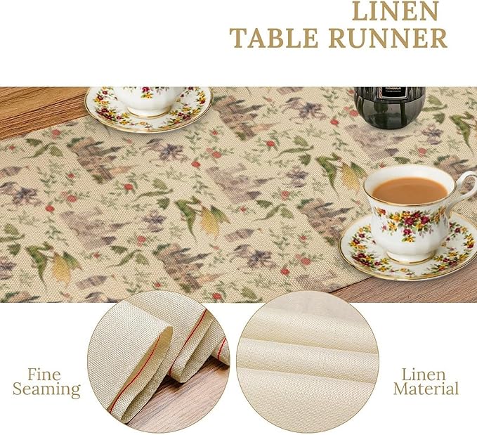 Dragon Table Runner, Mid Century Magical Castle Knights Beige Art Printed Runner for Home Kitchen Dining Table Living Room Decor Fabric 1 Panel W13xL120in