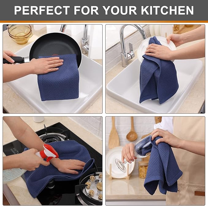 Kitinjoy 100% Cotton Waffle Weave Kitchen Hand Towels (13 x 28 Inches, Navy Blue), 8-Pack Super Soft and Absorbent Dish Towels for Drying Dishes