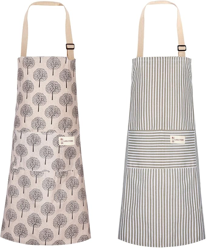 Syhood 2 Pack Aprons with 2 Pocket for Women Men Soft Linen Adjustable Bib Kitchen Cooking Apron for Chefs, Waiters, Baking(Brown Stripes Style)