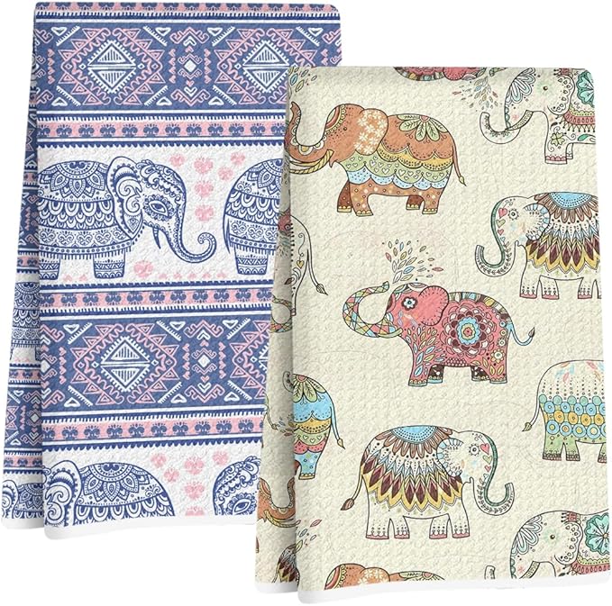 2Pcs Vintage Elephant Kitchen Towels, Farmhouse Absorbent Tea Towel Decor Dish Hand Towels Elephant Lover Gifts for Cleaning Drying Women Mom Housewarming Gifts 14 x 24 Inch Kitchen Home Decor