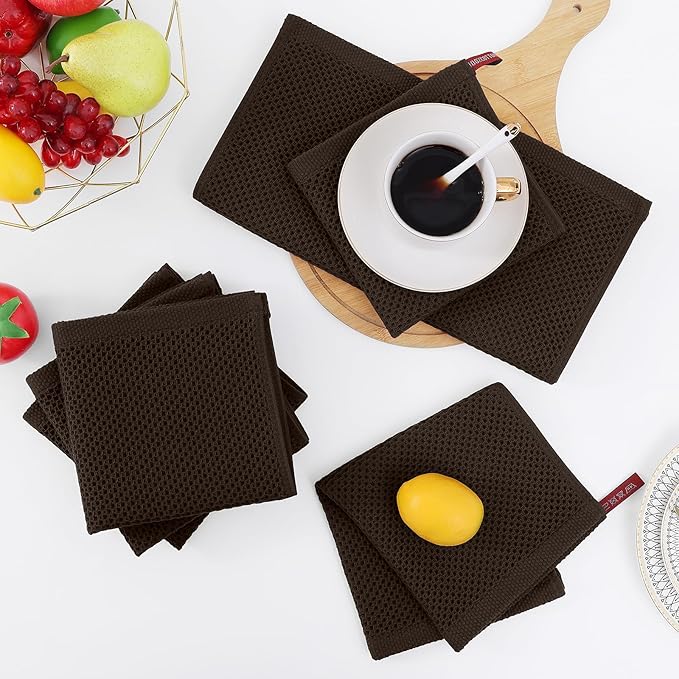 Homaxy 100% Cotton Waffle Weave Kitchen Dish Cloths, 7-Pack Ultra Soft Absorbent Dish Towels, Quick Drying Dish Rags, 12 x 12 Inches, Dark Brown