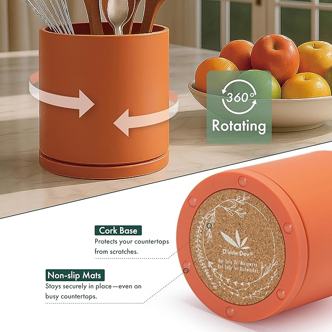 D'vine Dev 360° Rotating Utensil Holder Set – 7.2"+5" Kitchen Utensil Crocks for Countertop, Modern Cooking Tool Organizers for Kitchen Storage +Décor, Pumpkin, Set of 2, 72-Z-E-1