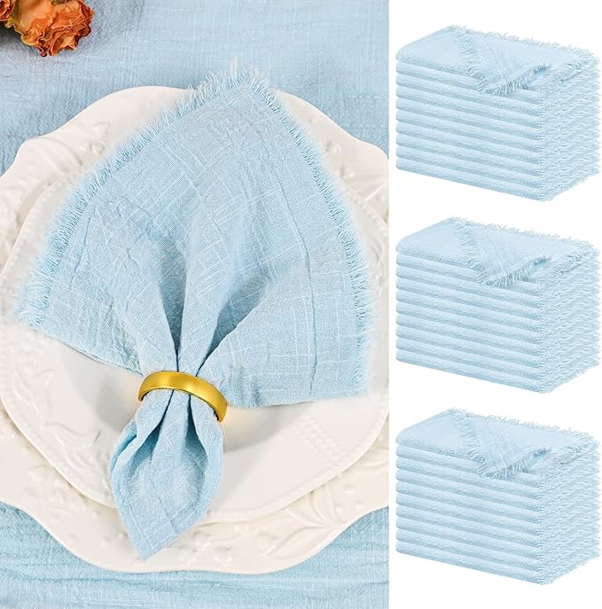 Showgeous 30 Pack Light Blue Cloth Napkins with Fringe 16x16 inch 100% Cotton Blue Napkins Handmade Dinner Napkins Bulk Washable Soft Rustic Table Napkins for Wedding Parties Bridal Baby Shower