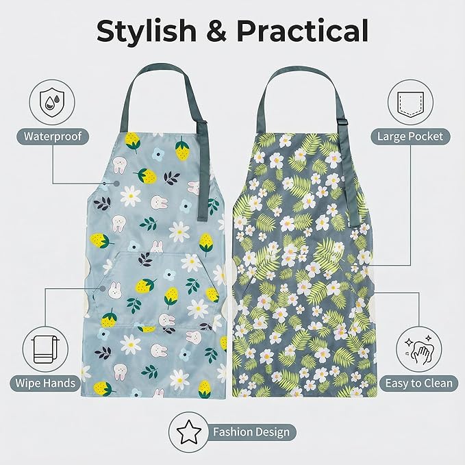 2 Pack Kitchen Apron with Hand Wipe,Water-drop Resistant with 2 Pockets Cooking Bib Aprons for Women Men Chef