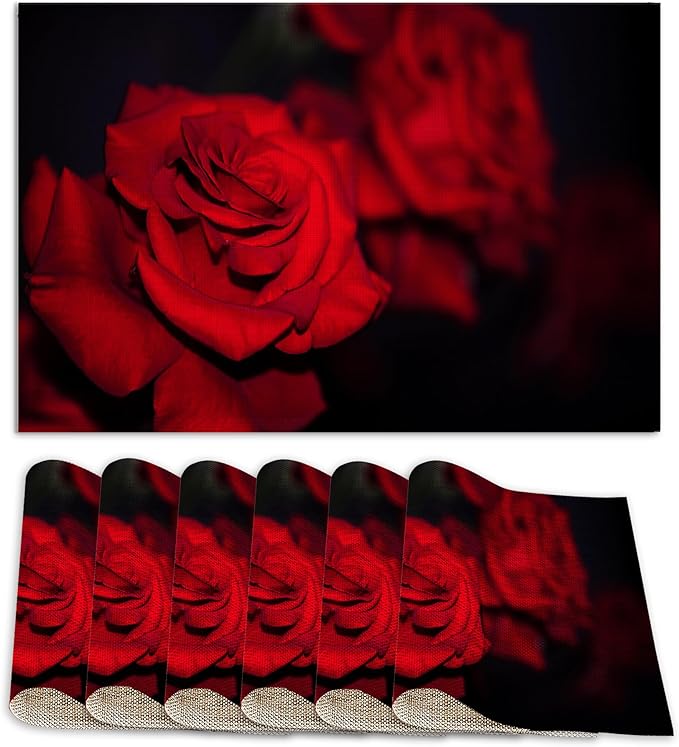 Abstract Red Rose Place Mats Set of 6, Table Mats Heat Insulation Non Slip Washable Dining Placemats for Wedding Holiday Party Kitchen Decor 12X18 in