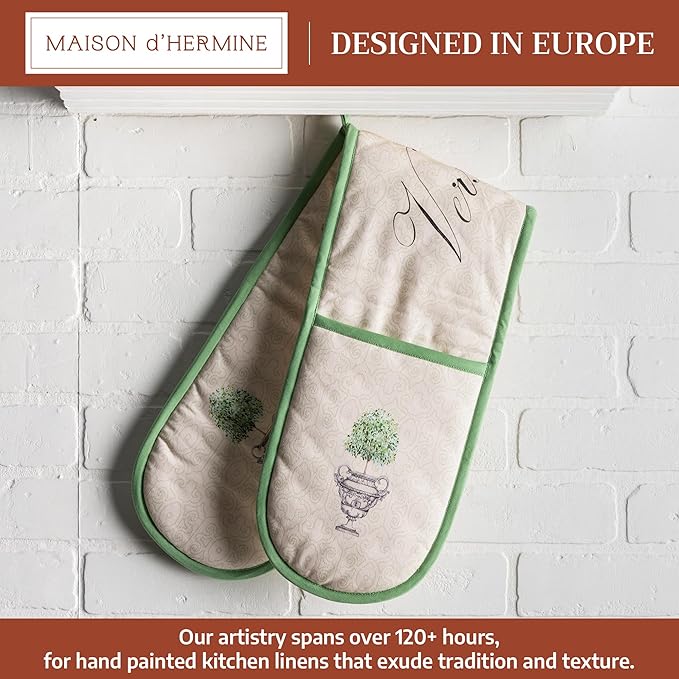 Maison d' Hermine Double Oven Mitts 100% Cotton 7"x35" Double Oven Mitt Heat Resistant BBQ Cooking Gloves with Loop Baking Grilling Gifts for Mothers Day Spring Summer (Jardin Du Roy)