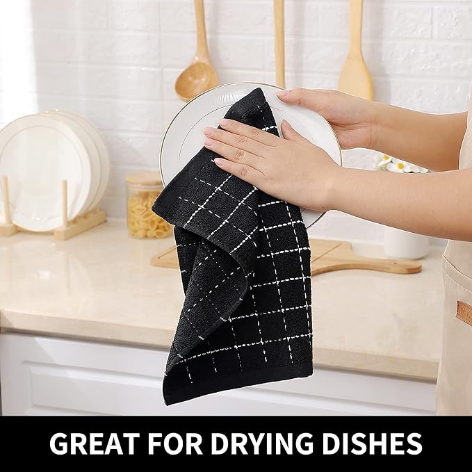 Homaxy 100% Cotton Terry Kitchen Dish Cloths, Ultra Soft and Absorbent Dish Towels for Kitchen, Suitable for Drying and Washing Dishes, 18 Pack, 12 x 12 Inches, Black