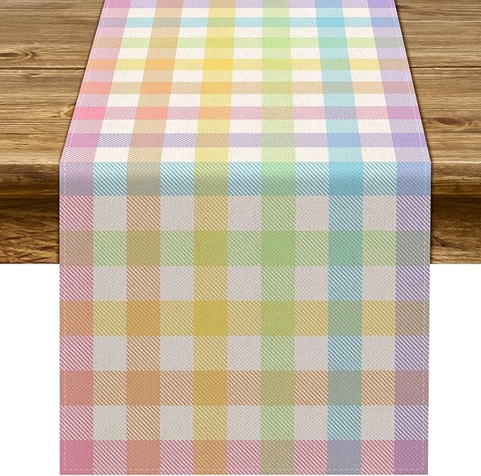 Pudodo Easter Buffalo Plaid Check Table Runner Spring Holiday Farmhouse Fireplace Kitchen Dining Room Home Party Decoration (13" x 90")