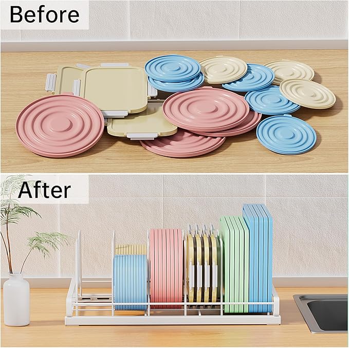 Food Container Lid Organizer, 6 Removable Adjustable Dividers Metal Rack - Storage for Plastic Lids, Pots, Bakeware, Fit for Cabinets, Cupboards, Pantry, Drawers (White)