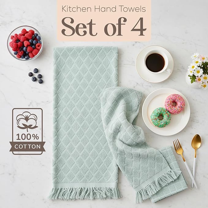 MosJos Kitchen Towels, Set of 4 Hand Towels, Blue Diamond Pattern Drying Towels 18 x 28 Super Absorbent Cotton Hand Cloths with Fringed Edges, Everyday Essentials Kitchen Linens