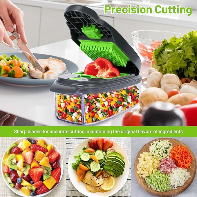 Veggie Chopper 13 in1 Onion Chopper ·Vegetable Chopper with Container · Salad Chopper · Potato cutter – Gift for Home Cooks & Home Essentials (Grey & Green)