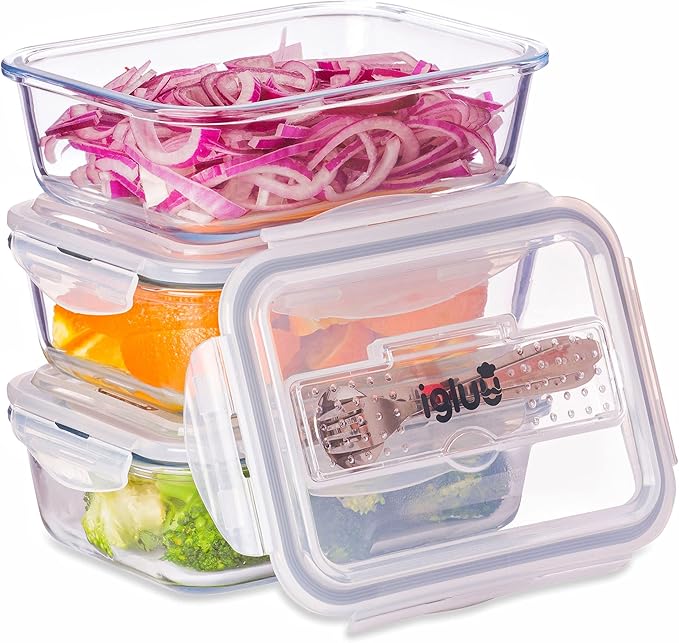 Igluu Meal Prep Glass Containers with Air Vent Lids (5 Pack+Extra Lid) – Airtight & BPA-Free – Oven, Microwave, Freezer and Dishwasher Safe – 28oz – Durable Borosilicate Glass