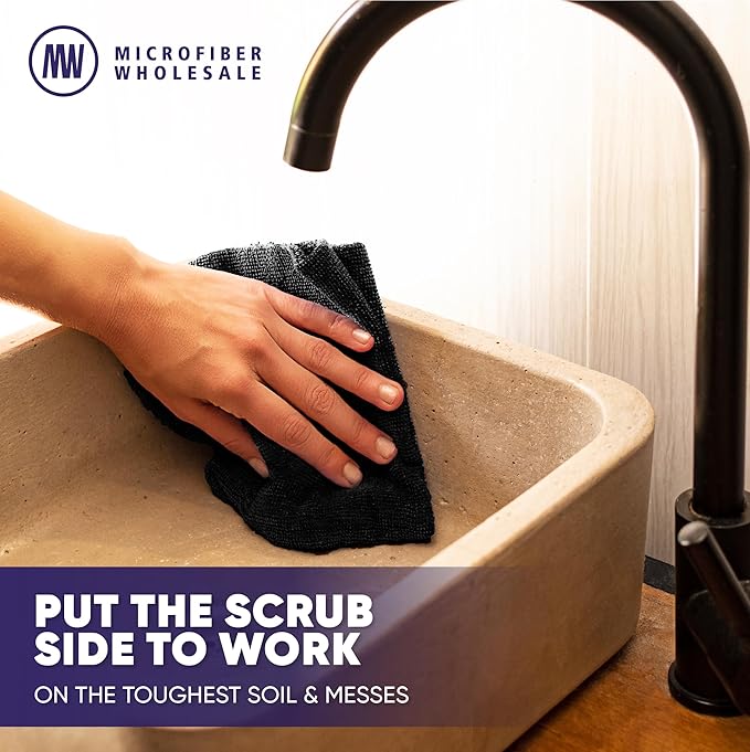 Microfiber Wholesale Pronto Cloths, Dual-Sided Microfiber Cleaning Towels, Soft Plush & Scrub Cloths for Dusting, Scrubbing, Kitchen, Windows & Car Detailing, Absorbent Bulk 50-Pack Black
