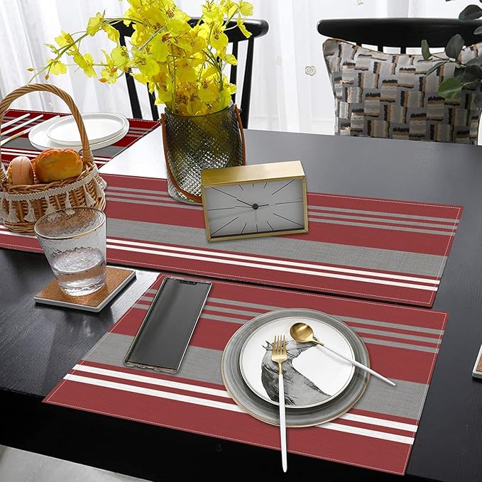 ArtSocket Burgundy Table Runner and Placemats Set of 6, Red Stripes Colorful Grey Line Vintage Abstract Art Dining Decor for Daily Use(1 Table Runner 72 inches Long and 6 Placemats)