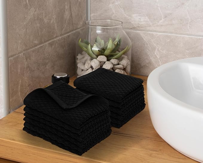 COTTON CRAFT Euro Spa Waffle Wash Cloth - Set of 12 Luxury Pure Ringspun Cotton Waffle Weave Bathroom Face Towel - Everyday Absorbent Hotel Gym Shower Beach Kitchen Travel Dorm - 12x12 inches - Black