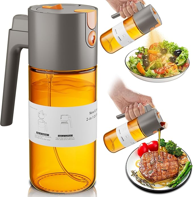 LUKUMIQI 2 in 1 Oil Sprayer for Cooking, 17oz Light-Blocking Glass Spray Bottle with Stickers, Oil Dispenser for Salad, Air Fryer & BBQ