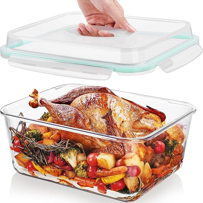 Vtopmart 6.5L/ 220oz/ 27.5cup Extra Large Glass Food Storage Containers with Snap Airtight Lids for Roasting Turkey, Chicken, Baking Casserole, Fruits, Party, BPA Free, Oven Safe, Freezer, Dishwasher