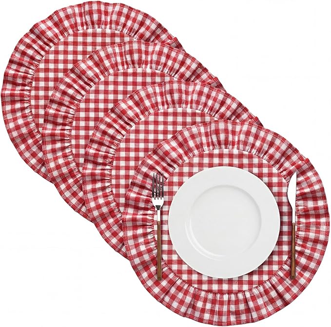 4 Pcs 15 Inch 100% Cotton Scalloped Round Placemats, Thin Retro Red Gingham Place Mats with Ruffle, Washable Placemats Table Mats for Kitchen Dining Holiday Gatherings Decor