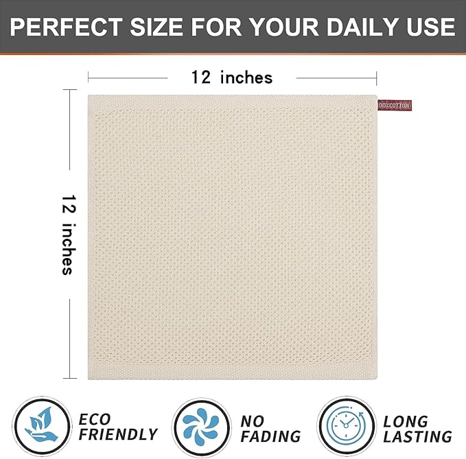 Kitinjoy 100% Cotton Kitchen Dish Cloths (12 X 12 Inches, Beige), 12 Pack Waffle Weave Ultra Soft Absorbent Dish Towels for Drying Dishes Quick Drying Kitchen Towels Dish Rags