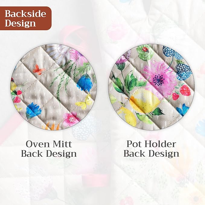 Maison d' Hermine 100% Cotton Oven Mitt & Pot Holder Set (7.5"x13" & 8"x8") Heat Resistant BBQ Cooking Gloves with Loop Grilling Kitchen Gifts for Mothers Day Spring/Summer (Jardin D'Ete - Fog)