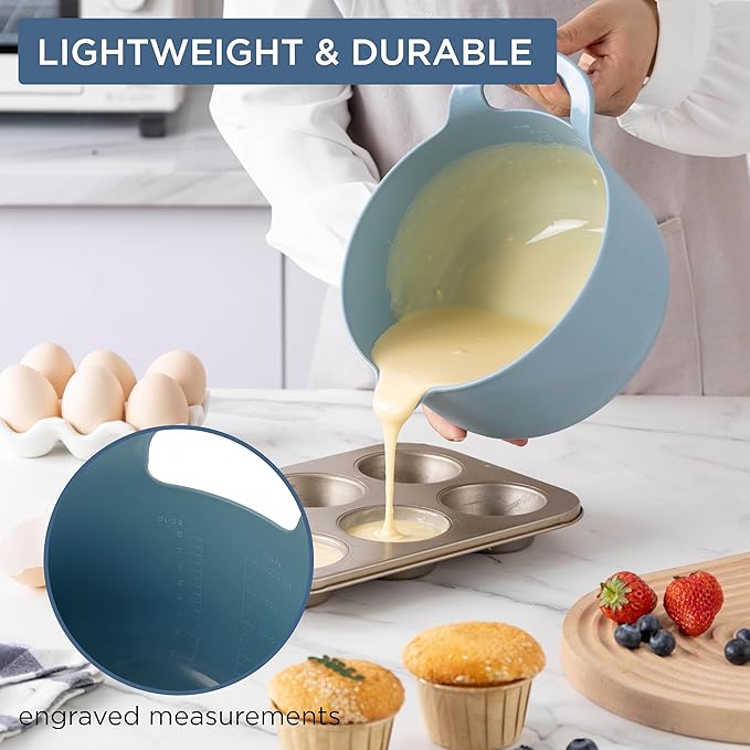 COOK WITH COLOR Nesting Plastic Mixing Bowl Set with Pour Spouts and Handles, Ombre Blue, 4 Piece Non-Slip