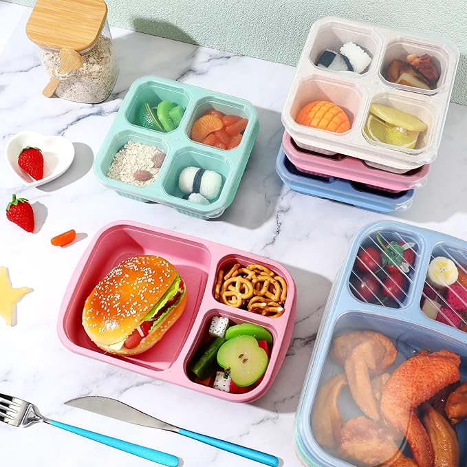Yaomiao 16 Pack 3 and 4 Compartment Bento Lunch Box Wheat Straw Divided Snack Containers Food Storage Plastic Reusable Meal Prep Container with Transparent Lids for Adults Work Travel, Blue Pink