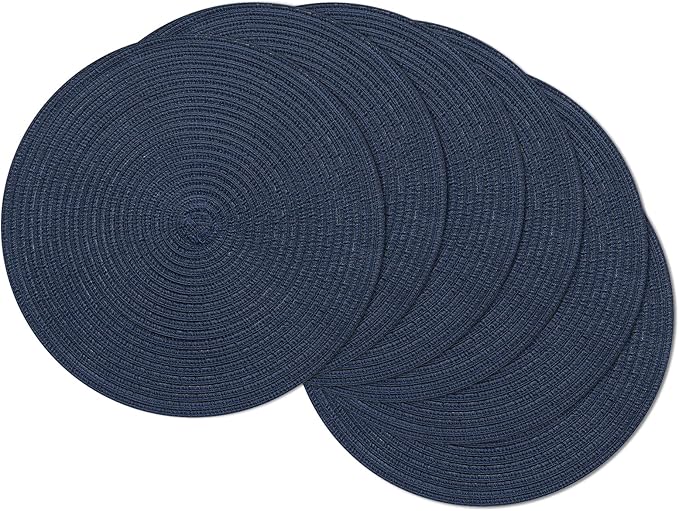 SHACOS Round Placemats Set of 6 Washable 15 inch Circle Polyester Woven Braided Place Mats for Dining Table Indoor Outdoor Table Mats Home Party Wedding Decor (Navy, 6)