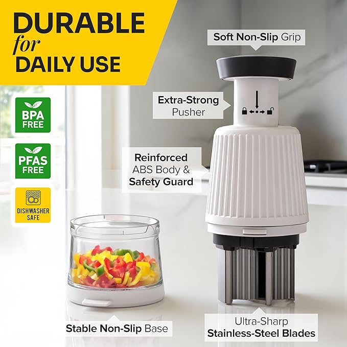 UltraChop Push Food & Vegetable Chopper, Heavy-Duty Stainless Steel Blades, Durable & Ergonomic Design, Veggie, Meat, Garlic Cutter, Slicer, Soft Non-Slip Grip, Home Essentials Kitchen Gadgets