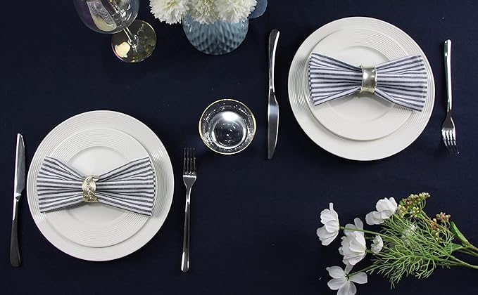 Plain Striped Cotton Linen Blended Dinner Cloth Napkins - Set of 12 (40 x 30 cm) - for Events & Home Use (Navy)