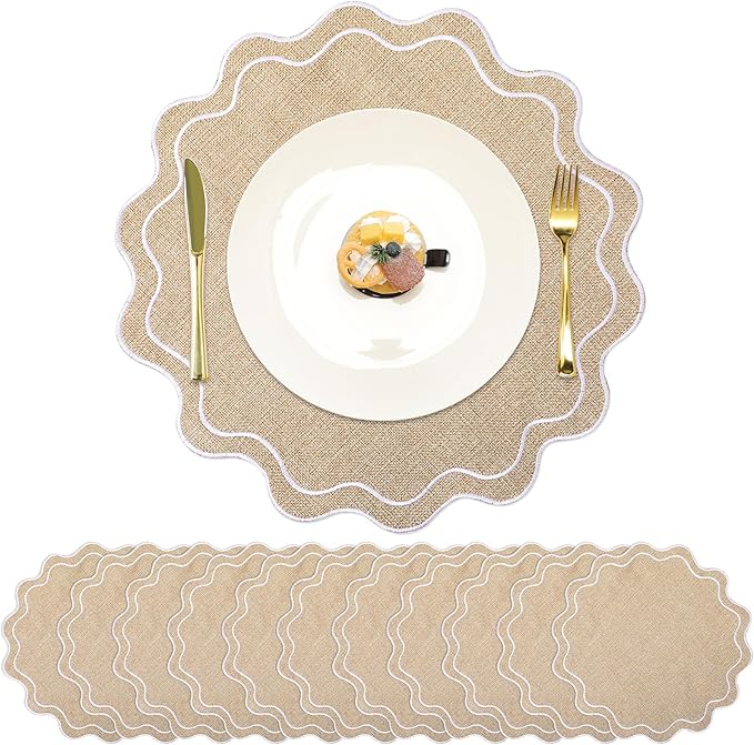 Set of 12 Cotton Linen Placemats, 15x15 Scalloped Flower Embroidery Cloth Table Mats Double Layered Fabric Washable Wrinkle Free Dining Placemat for Restaurant Kitchen Decor(Linen with White)