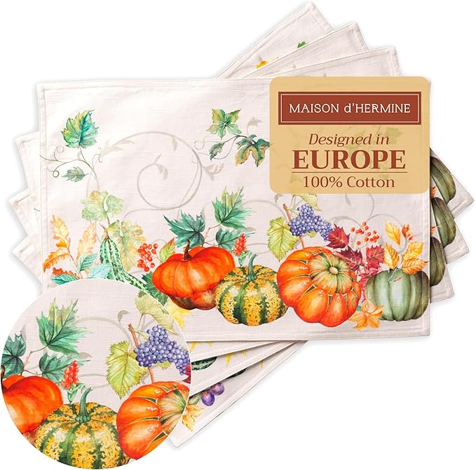Maison d' Hermine Placemats Set of 4 100% Cotton Washable Cloth Place Mats, Reusable Table Mats for Thanksgiving Christmas Decorations Kitchen Dining Party Wedding Restaurant (Lumina, 13" x 19")