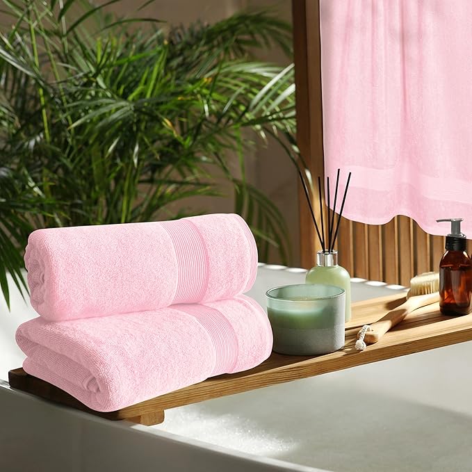 Belizzi Home 4 Pack Bath Towel Set 27x54, 100% Ring Spun Cotton, Ultra Soft Highly Absorbent Machine Washable Hotel Spa Quality Bath Towels for Bathroom, 4 Bath Towels Pink
