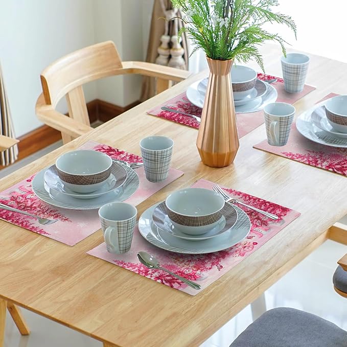 Pink Forest Placemat Set of 4 Winter Tree Linen Place Mat for Home Holiday Decor