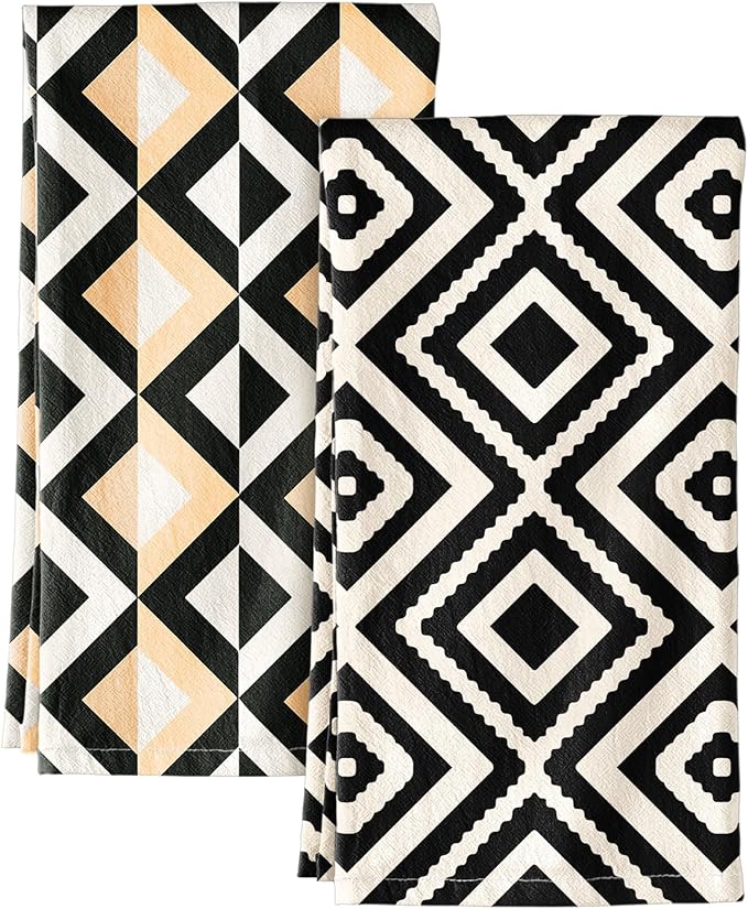 Miss Adola 2pcs Flour Sack Kitchen Towels - 18"x 26" Cotton Kitchen Hand Towels with Hanging Loop Reusable Geometric Beige and Black Modern Tea Towel Absorbent Dishcloths Home Decor, Modern Geometric