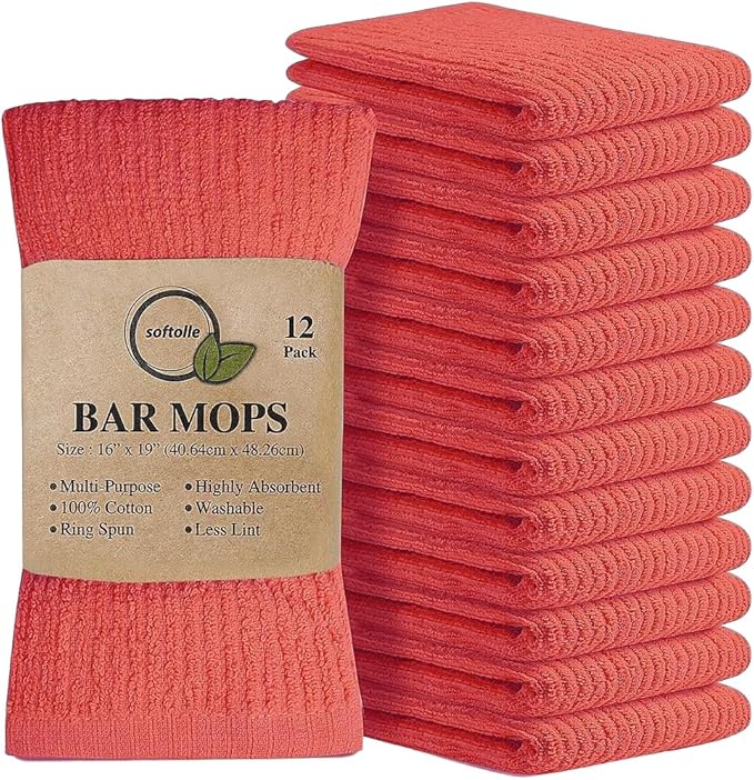 Softolle Bar Mop Towels, Pack of 12-16x19 Inches - 100% Cotton Super Absorbent Towels, Multi-Purpose for Home and Bar Cleaning (Coral)