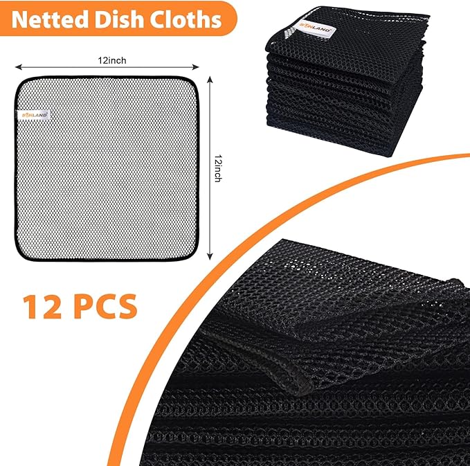 SUNLAND Mesh Dish Cloths for Washing Dishes No Odor Dishes Scrubber for Kitchen-Fast Drying and Easy to Clean Mesh Dish Cloth 12 Pack 12Inch x12Inch Black