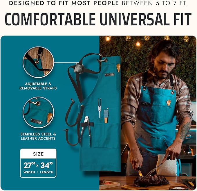 Asaya Chef and BBQ Apron with Bottle Opener and Hand Towel - 10oz Cotton Canvas, Stainless Steel Hardware - Cross Back Straps