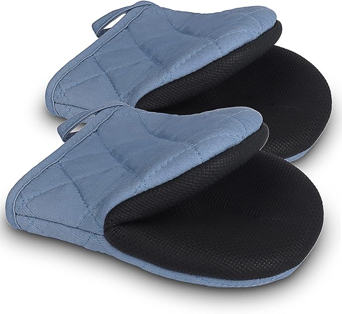 Short Oven Mitts, Heat Resistant 500°F, Silicone Grip Kitchen Gloves, Non-Slip for Baking, Grilling, BBQ, Machine Washable with Hanging Loop, 2-Pack Set, Sky Blue