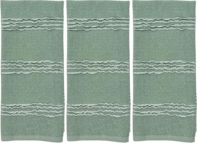 Sage Green Kitchen Dish Towels: 100% Cotton Cloth Soft Cleaning Drying Absorbent Textured Terry Loop, Set of 3 28" x 18" Multipurpose for Everyday Use
