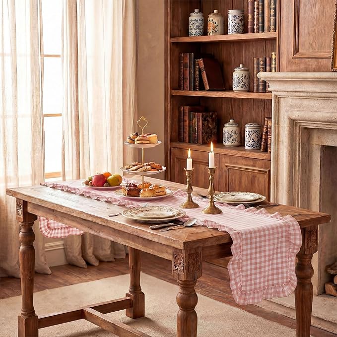 HunnmingRe 1 Pcs Light Pink Plaid Gingham Ruffle Table Runner 72 x 13.8'' Farmhouse Easter Table Runner 100% Cotton Scalloped Long Dresser Scarves for Dining Room, Wedding, Kitchen Rustic Home Decor