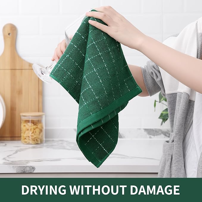 Homaxy 100% Cotton Terry Kitchen Towels(Dark Green, 13 x 28 inches), Checkered Designed, Soft and Super Absorbent Dish Towels, 5 Pack