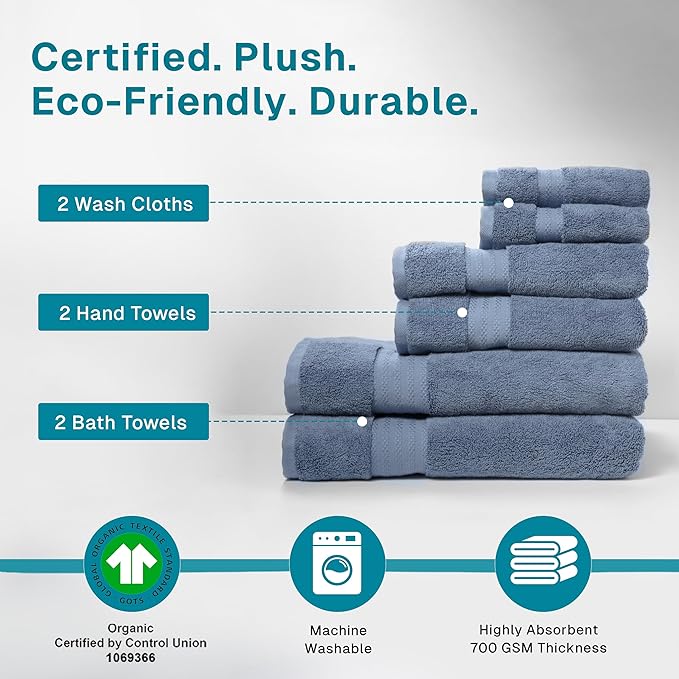 100% Organic Cotton Bath Towel Set | Bathroom Luxury Towel Set of 6 | GOTS Certified | Hotel Premium Towels | 700 GSM | 2 Bath Towel 30 x 56 | 2 Hand Towel 16 x 30 | 2 Wash Cloth 13 x 13 | Dark Blue