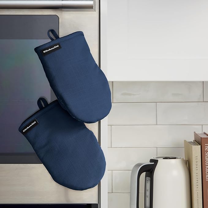 KITCHENAID Gourmet Series Gridlines Mini Oven Mitts 2-Pack Set, Heat Resistant up to 600°F, Soft Silicone Grip, Magnetic Cuff, Ink Blue, 5.5"x9"