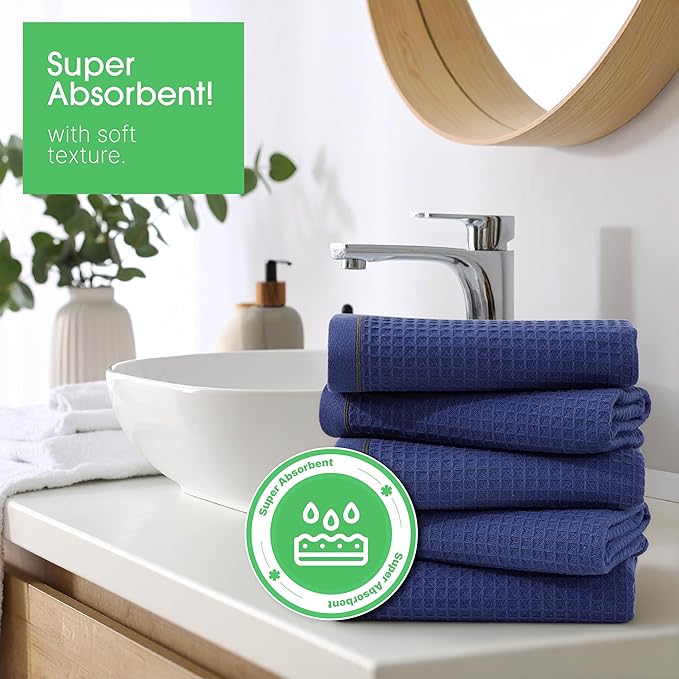 5 Pack Hand Towels, Bath Towels, Kitchen Towels and Dishcloths Sets, 30 x 14 Inches, Absorbent Dish Towels for Kitchen, Microfiber Cleaning Cloth, Waffle Kitchen Towels (Navy Blue)